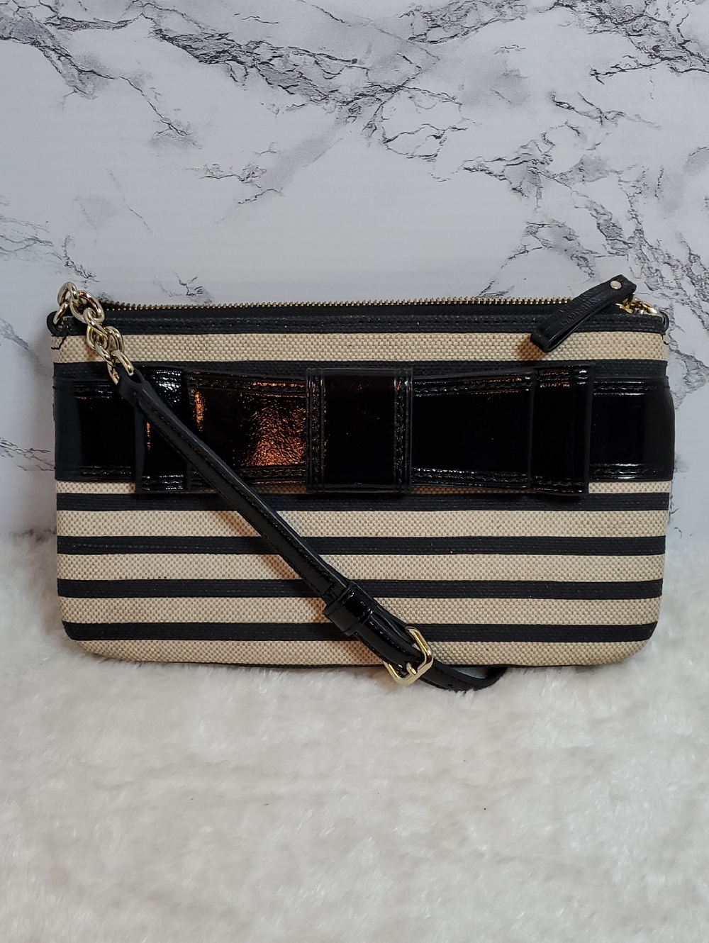 kate spade Black and Cream Striped Crossbody Clutch